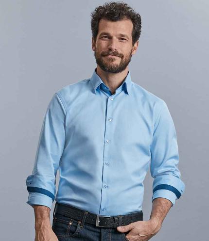 Russell Collection Long Sleeve Contrast Herringbone Shirt 3