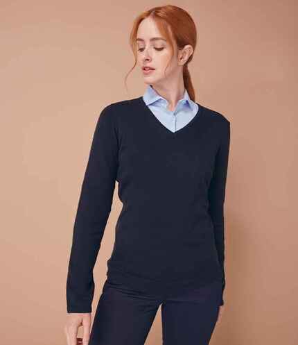 Henbury Ladies Lightweight Cotton Acrylic V Neck Sweater 3