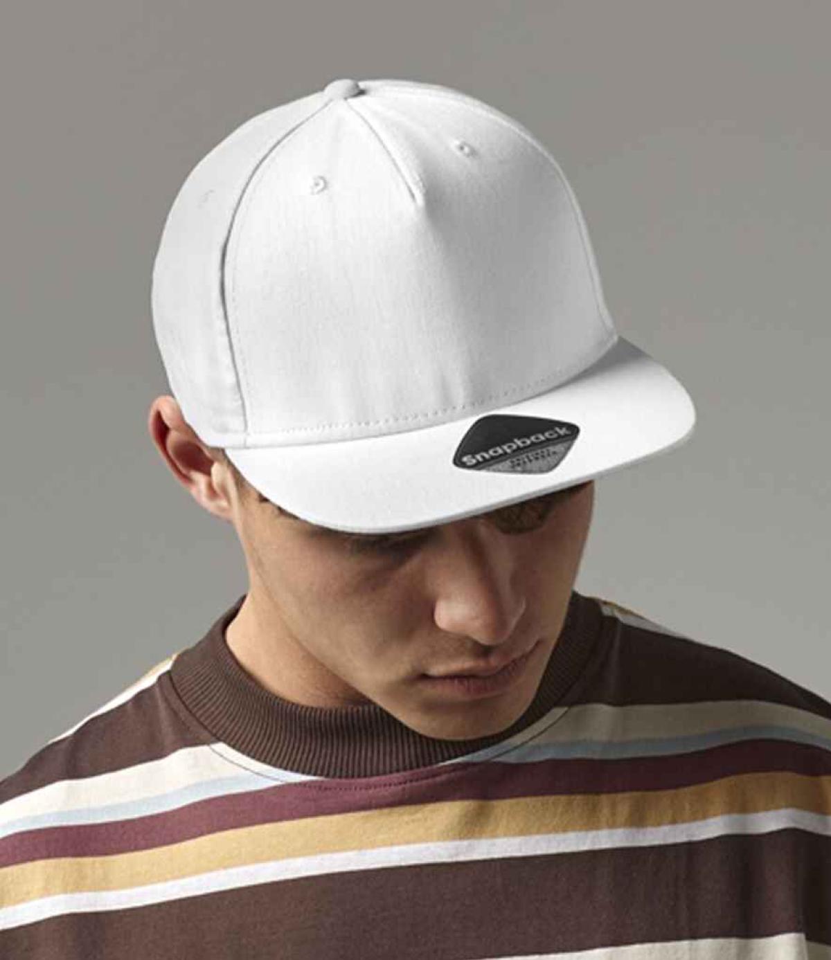 Beechfield 5 Panel Snapback Rapper Cap - White