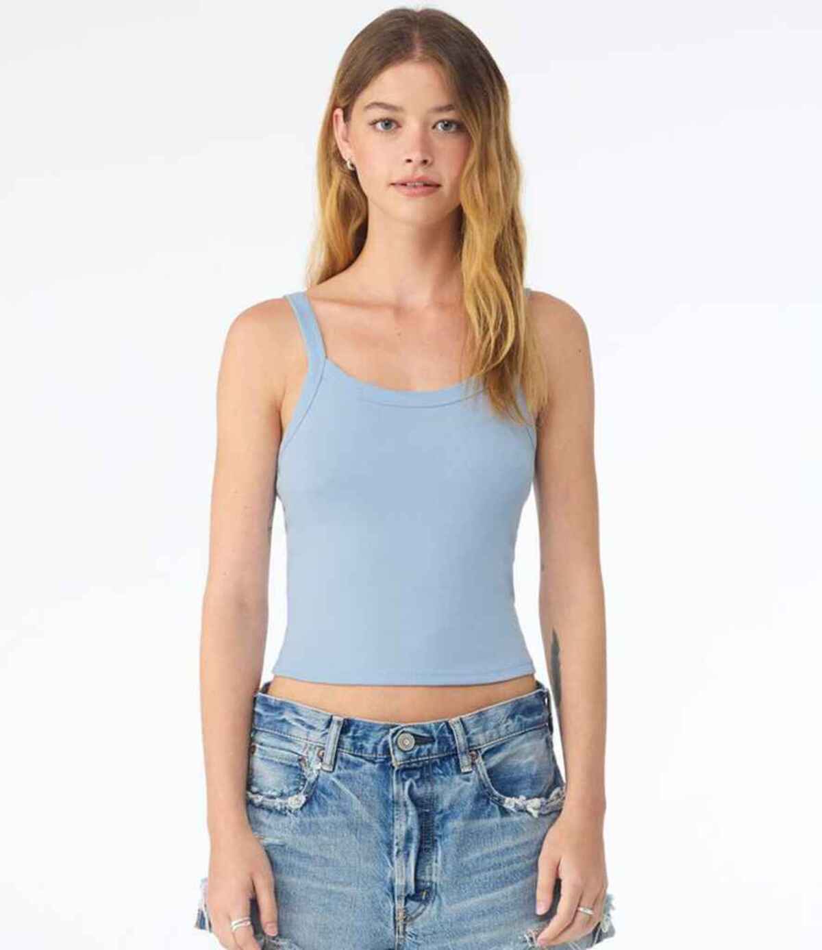 Bella Ladies Micro Rib Spaghetti Strap Tank Top - Solid Baby Blue